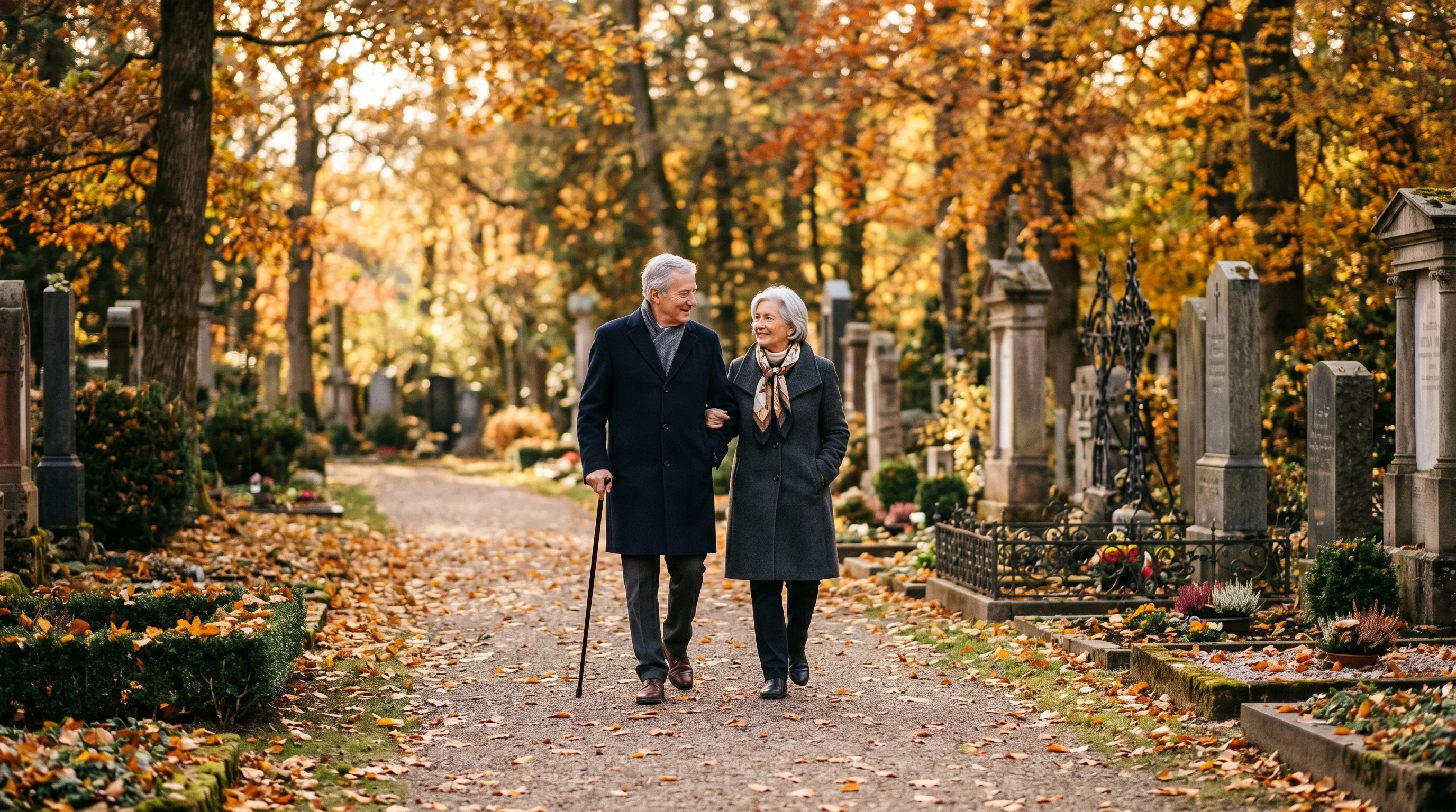 Ein älteres Ehepaar geht gemeinsam auf einem ruhigen Friedhofsweg